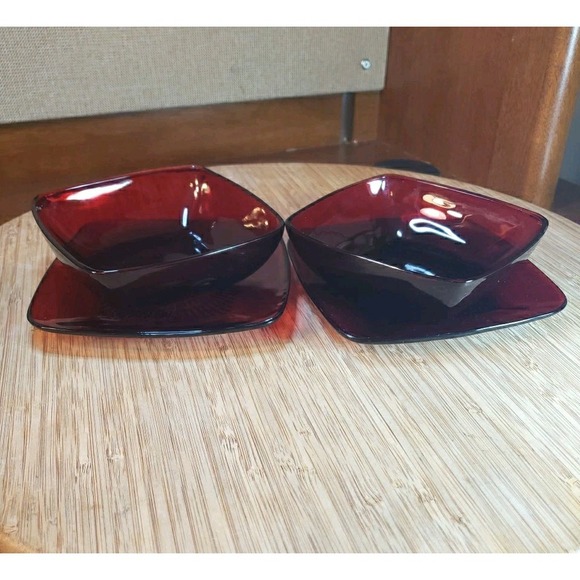 Anchor Hocking Other - Lot Of 2 Anchor Hocking Dessert Bowl 4.75" & Saucer 5.25" Charm Ruby Red Square